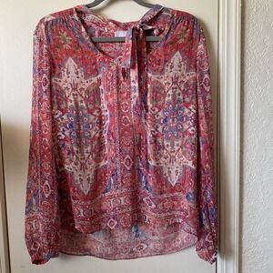 Ecrú Women's Silk Tie Neck Long Sleeve Blouse Multicolor Patterned M